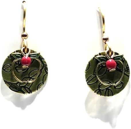 Gold earrings with green textured round pendants featuring an open apple design and a red bead.