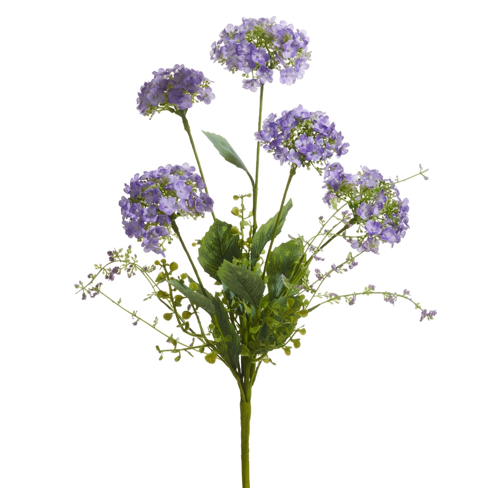Artificial purple hydrangea bush with polyester blooms measuring 20 inches tall.