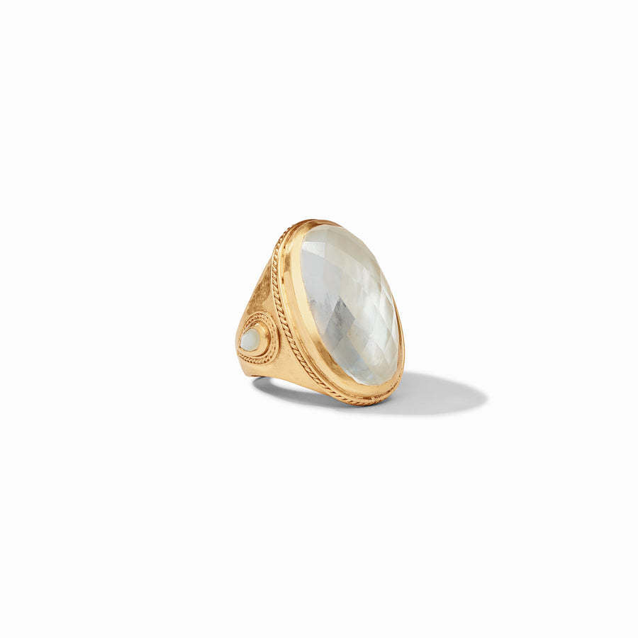 Cannes Statement Ring in 24K gold plate featuring a large faceted glass stone and pearl accents.