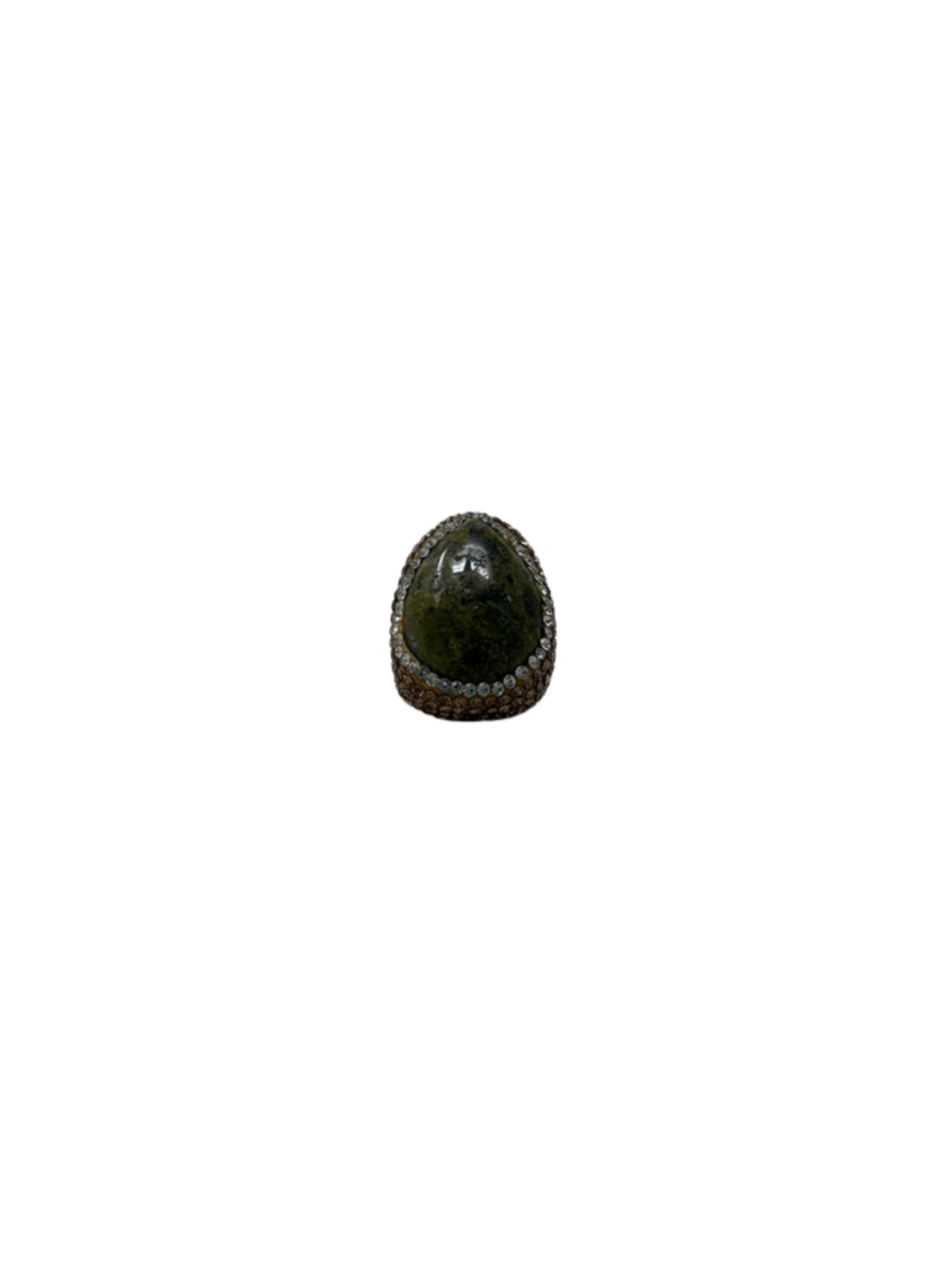 Fashion gemstone ring featuring a large dark green teardrop stone surrounded by small crystals.