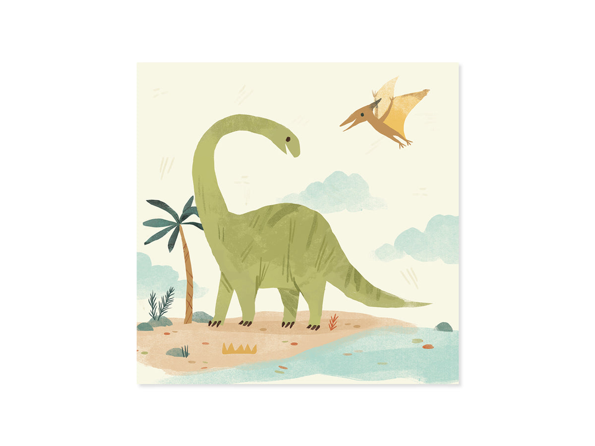 Dino Mite Dad Card featuring a green long-neck dinosaur and a pterodactyl on a beach.