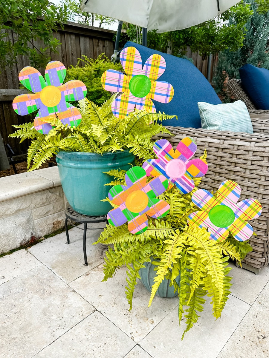 Medium Madras Flowers stake with a floral print on natural twine.