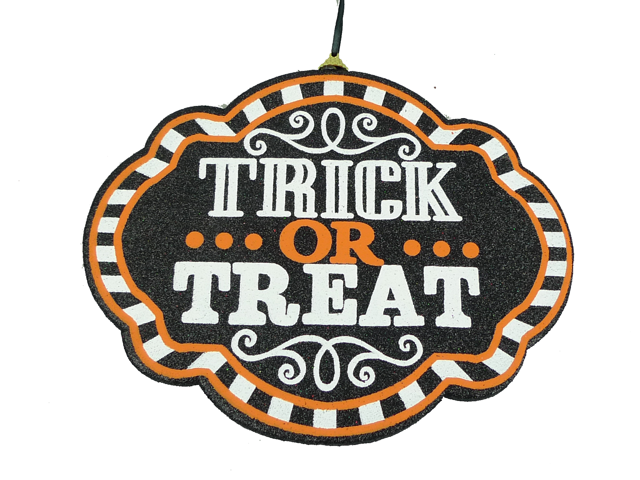 Orn Trick Or Treat Sign with black, white, and orange stripes and decorative scrollwork.