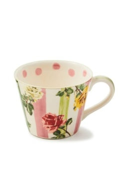Garden Gala Mug with pink stripes, floral rose patterns, and pink polka dots inside the rim.