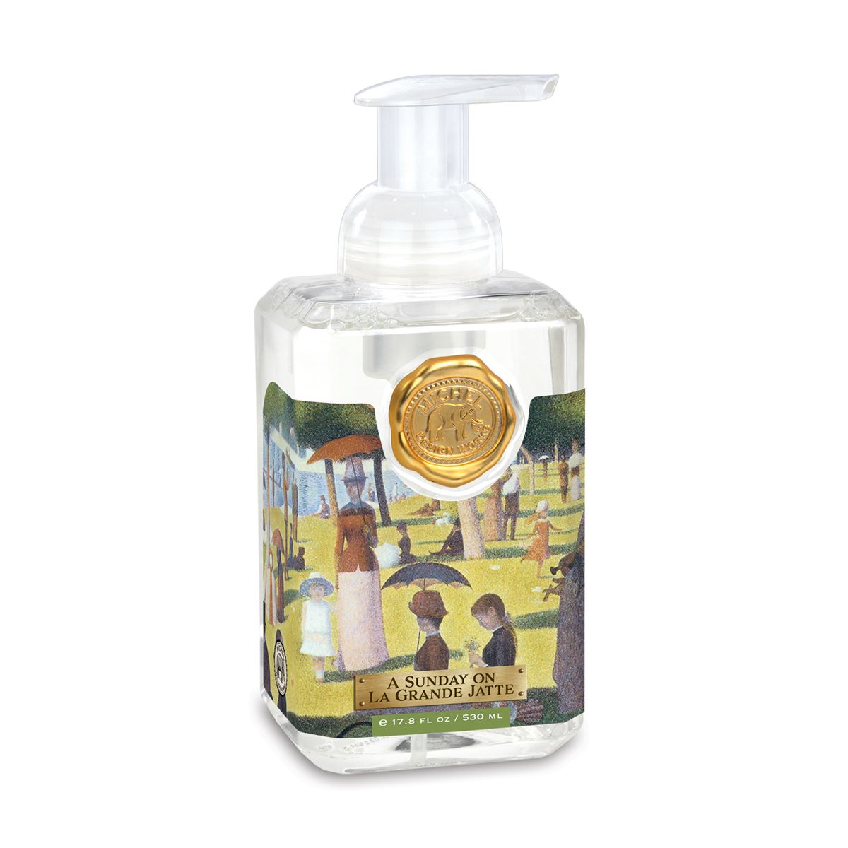 Foaming hand soap dispenser with a white bottle body.