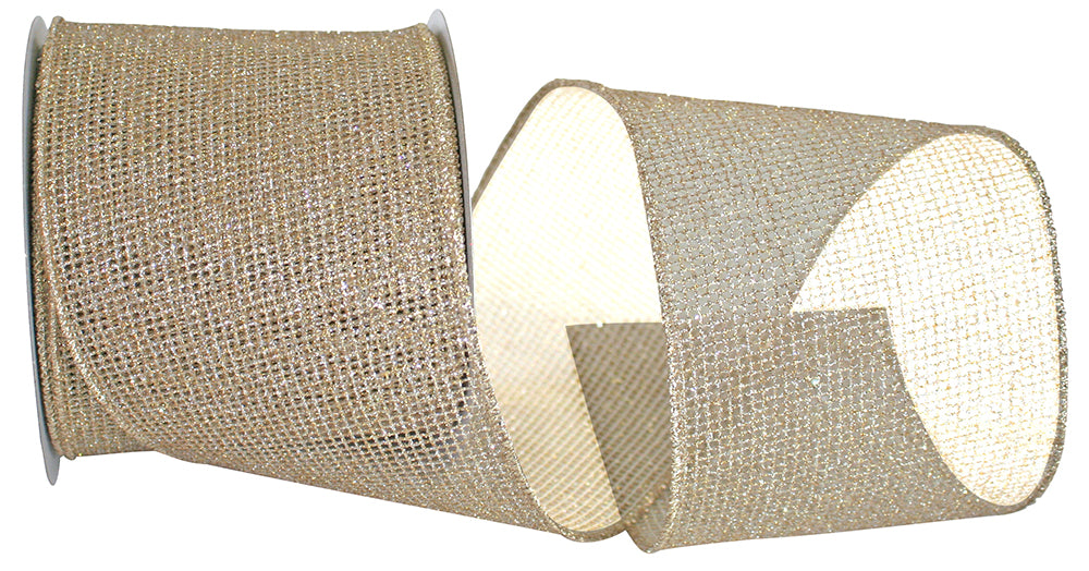4-inch gold glitter mesh ribbon with wired edge on a spool