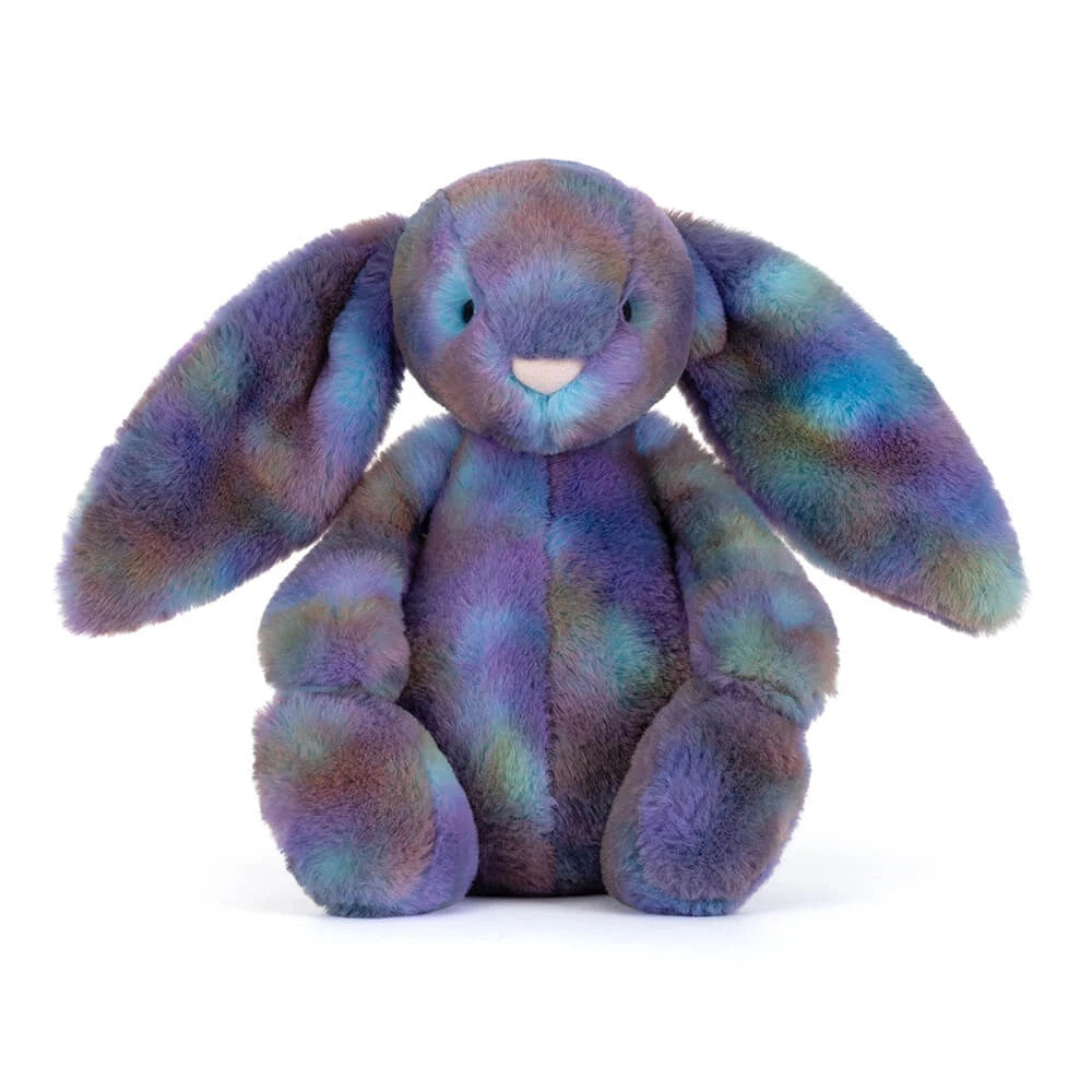Zodihop Luxe Bunny Original plush toy with multi-colored purple, blue, and green tie-dye fur.