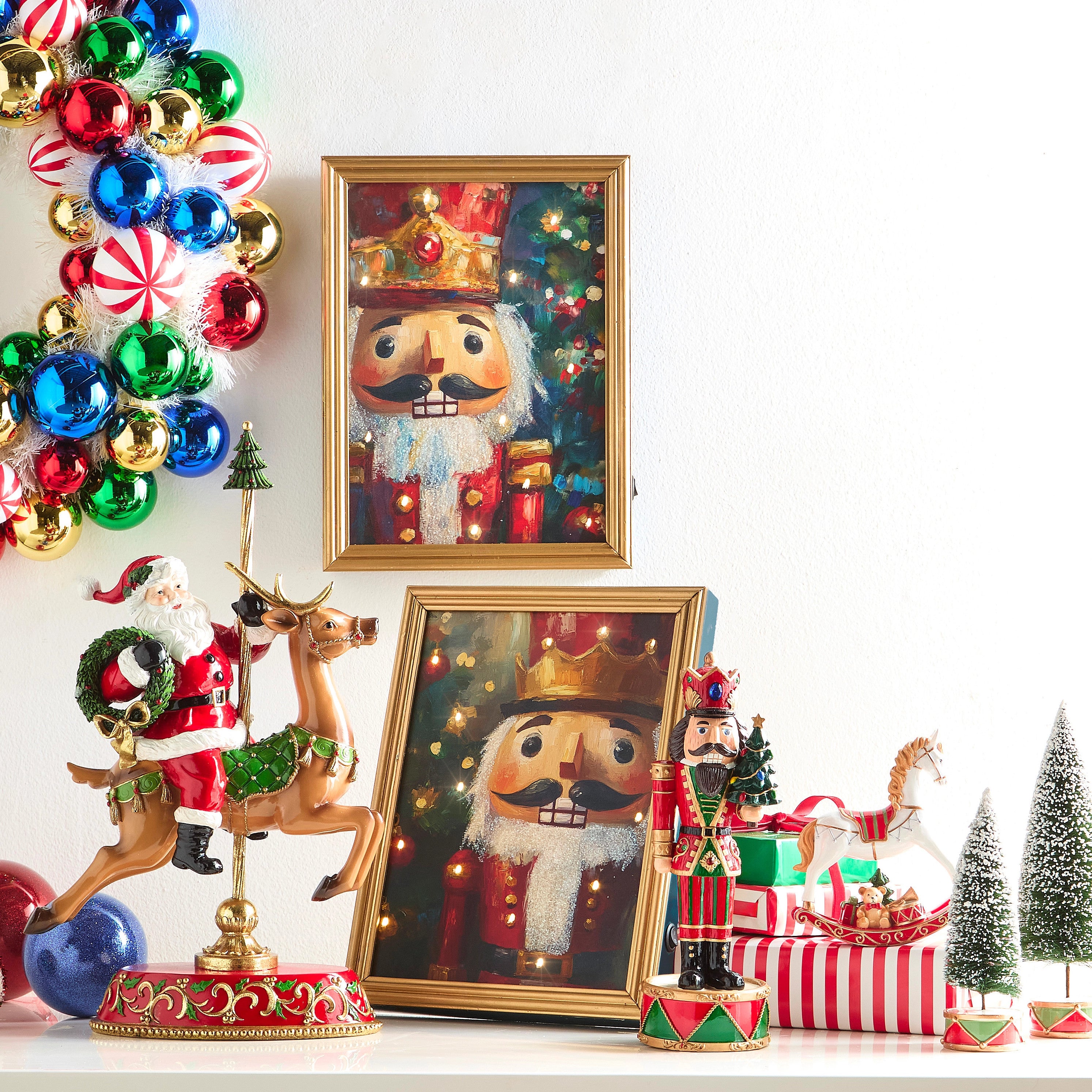 18.5-inch Santa Claus figure riding a carousel reindeer on a red and gold decorative base.