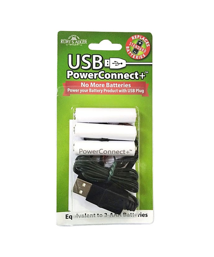 USB PowerConnect+ 3 AAA battery converter kit with USB cable and three white battery inserts.