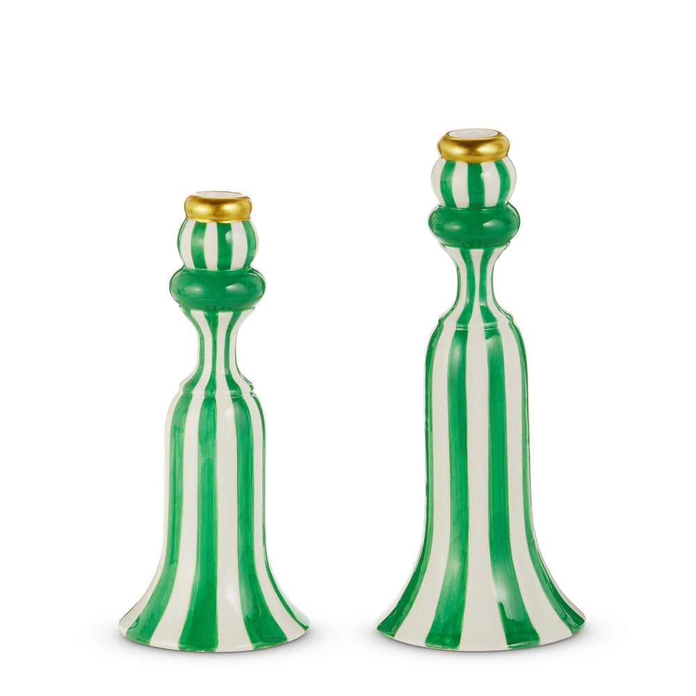 Green Dolomite candlestick with a vertical stripe holding a taper candle