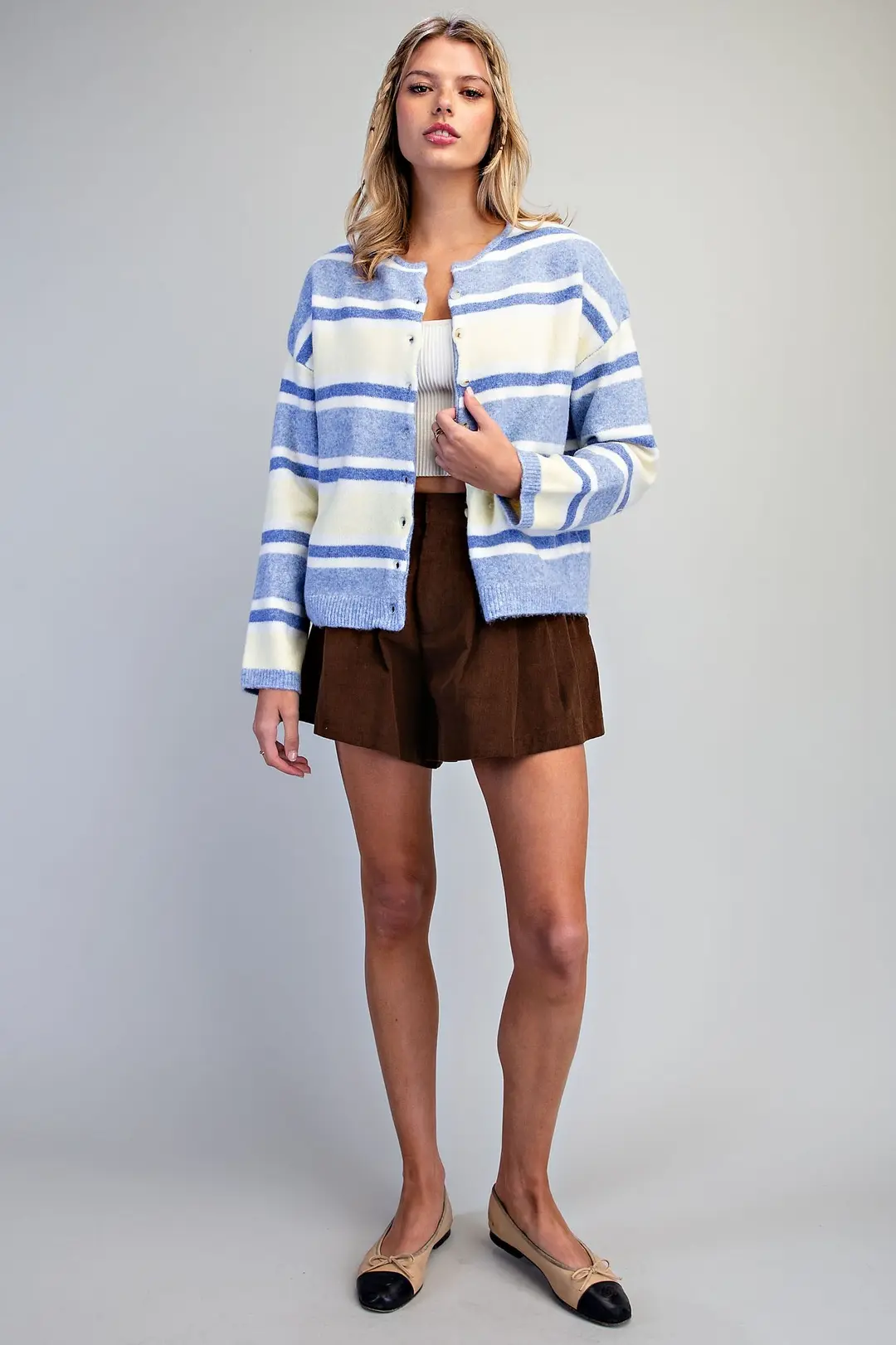 Nova Striped Button Front Cardigan in blue and cream stripes with a collarless crew neckline.