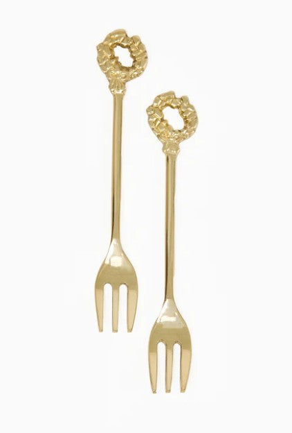 Two aluminum appetizer forks with a brushed finish on a backer card.