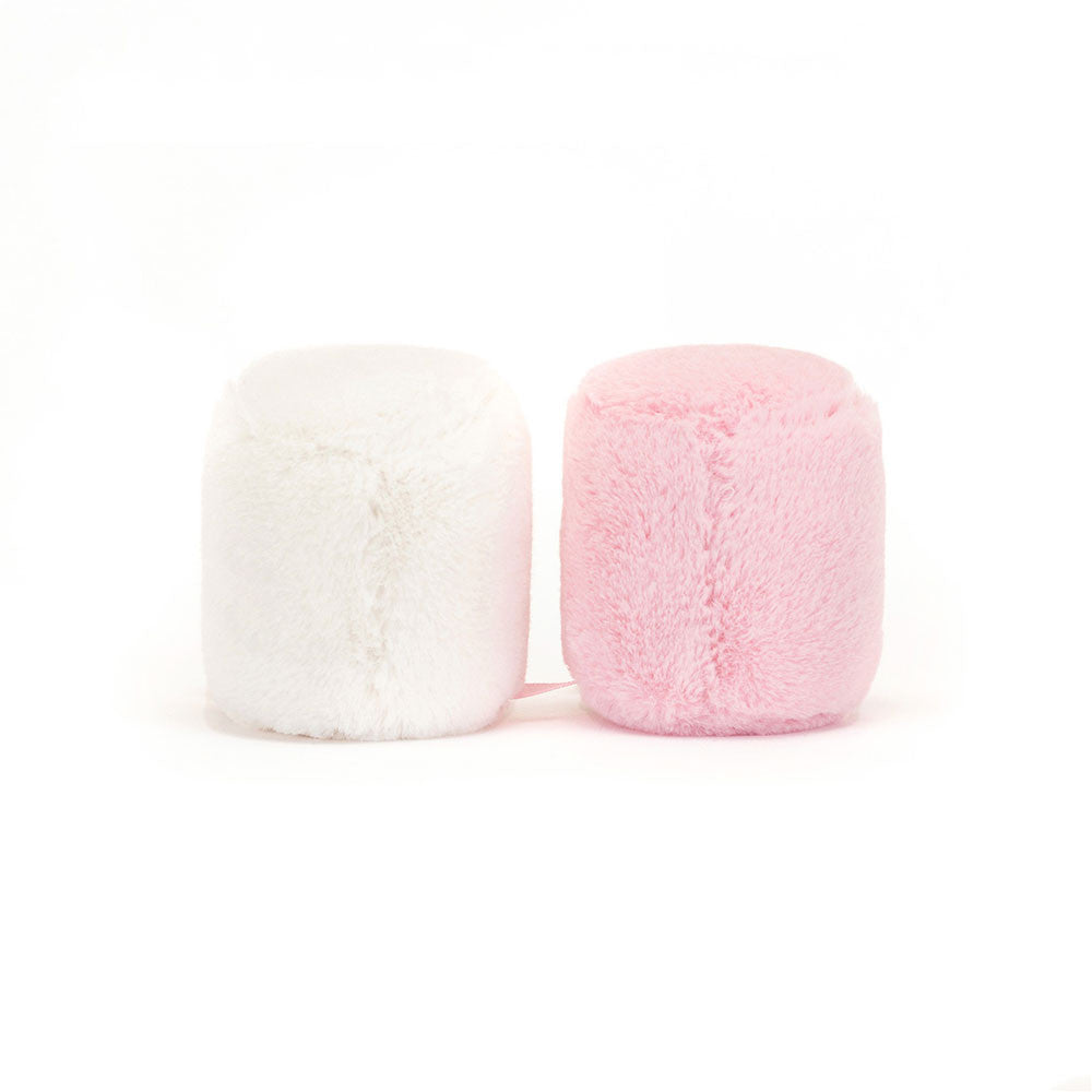 Two plush marshmallows, one white and one pink, joined together by a small ribbon.