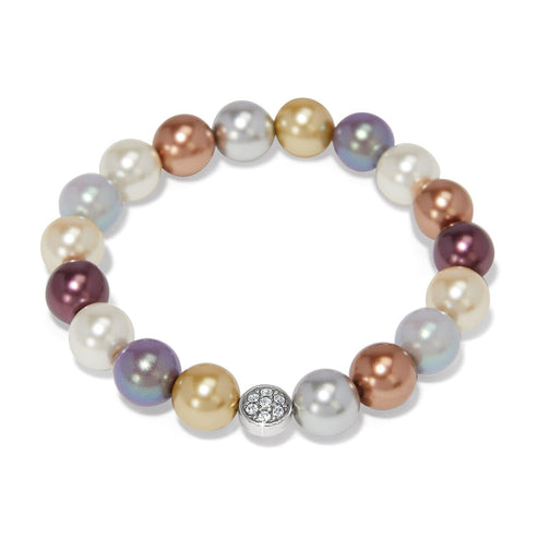 Pearl-icious stretch bracelet with multi-colored glass pearls and a silver-plated crystal charm.