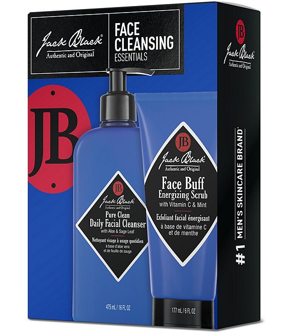 Jack Black Face Cleansing Essentials Set with Pure Clean Daily Facial Cleanser and Face Buff Scrub.