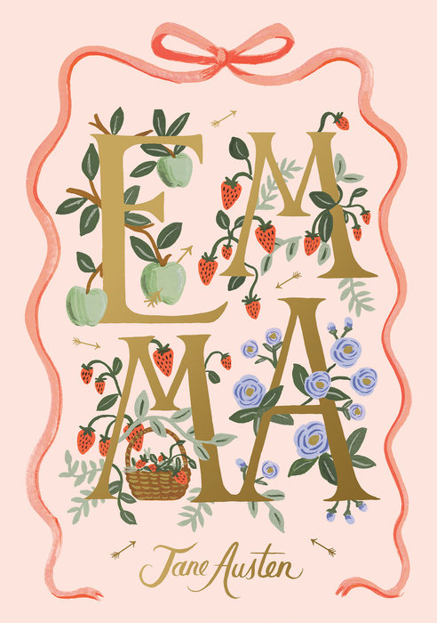 Book cover for Emma by Jane Austen featuring gold floral typography and a pink ribbon border.