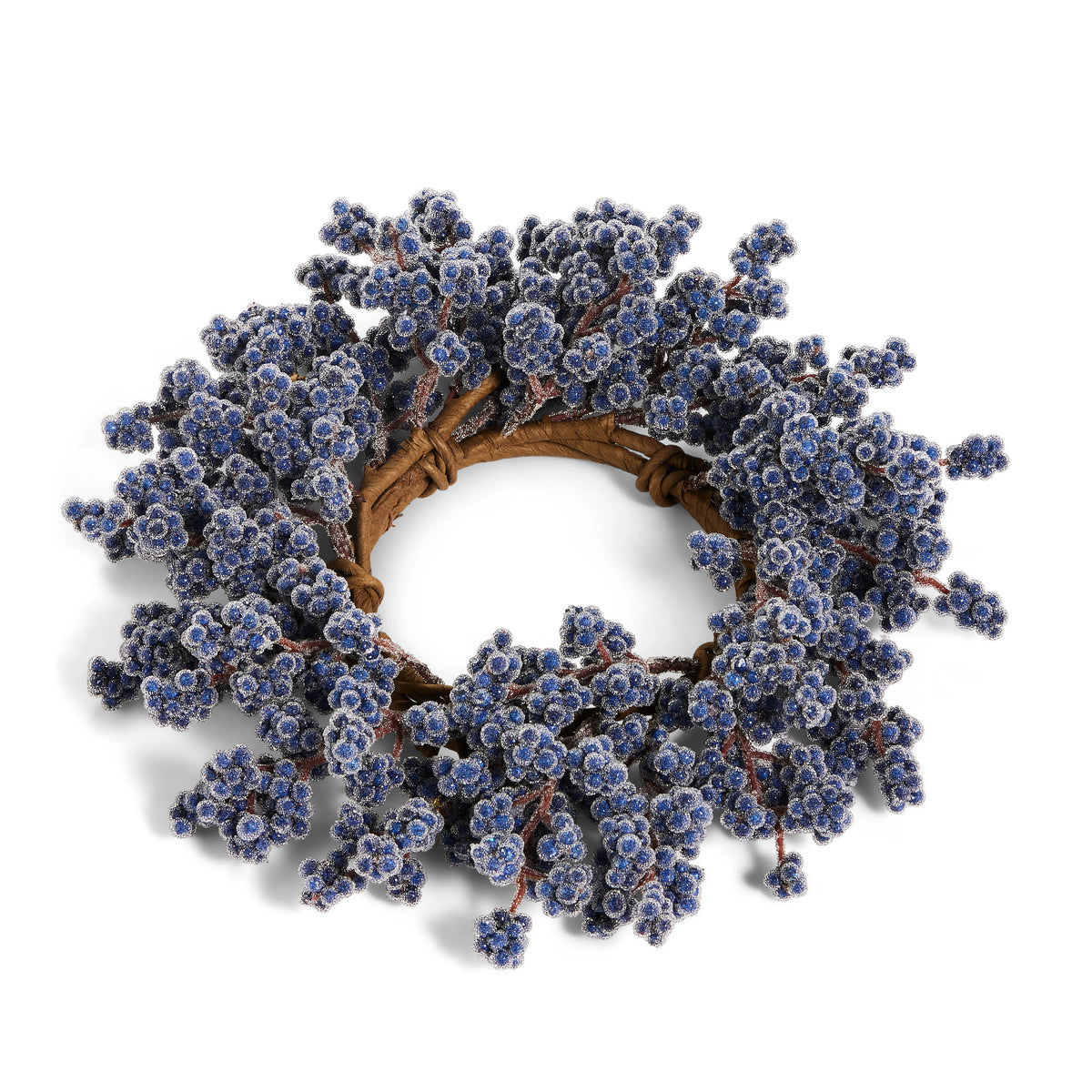 4.25 inch iced blue berry candle ring with frosted blue berries on a brown twig base.