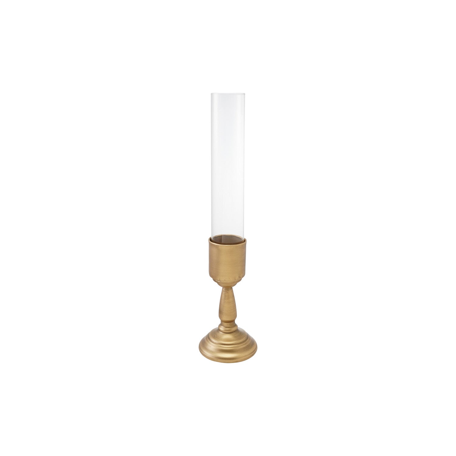 Gold finish metal taper holder with a tall, clear glass hurricane sleeve.