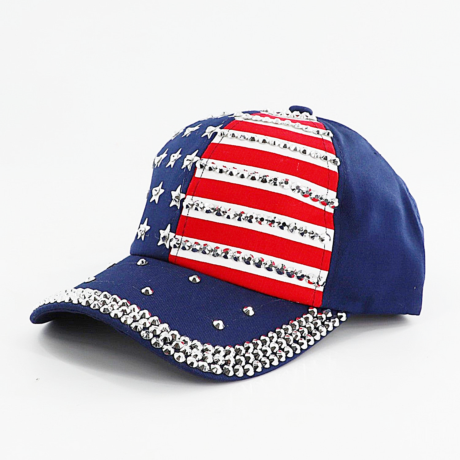 Blue baseball cap with American flag design, white stars, red stripes, and silver rhinestone accents