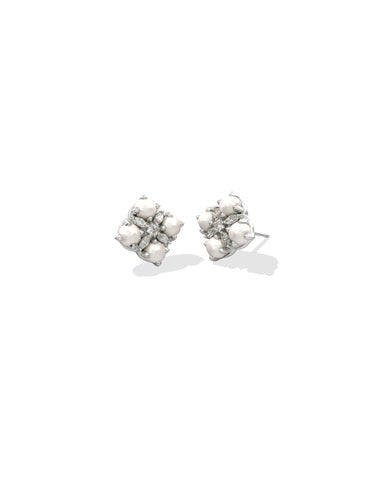 Dira Pearl Stud Earrings featuring a silver medallion logo set with four freshwater pearls.