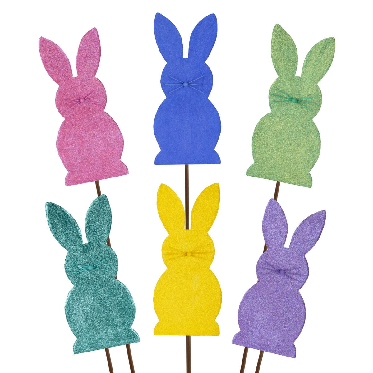 Glitter Bunnies decorative stake measuring 7.5 inches wide by 16 inches tall with a glitter finish.