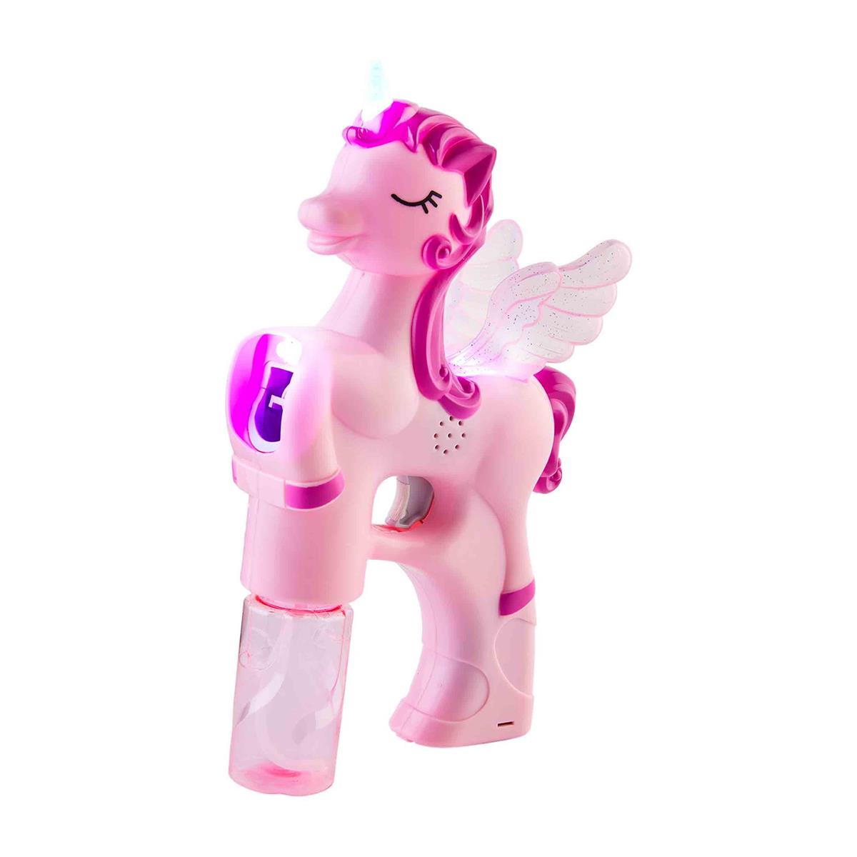 Plastic unicorn bubble maker toy with a horn-shaped wand handle.