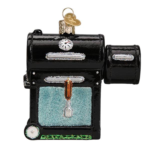 Hand-painted glass Smoker BBQ Christmas ornament with black finish and glitter accents.