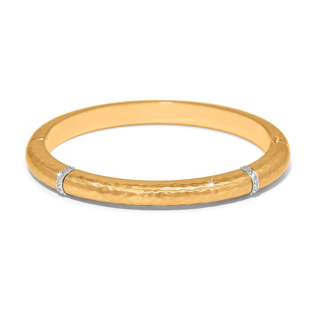 Meridian Geo gold plated hinged bangle with hammered texture and crystal accents.