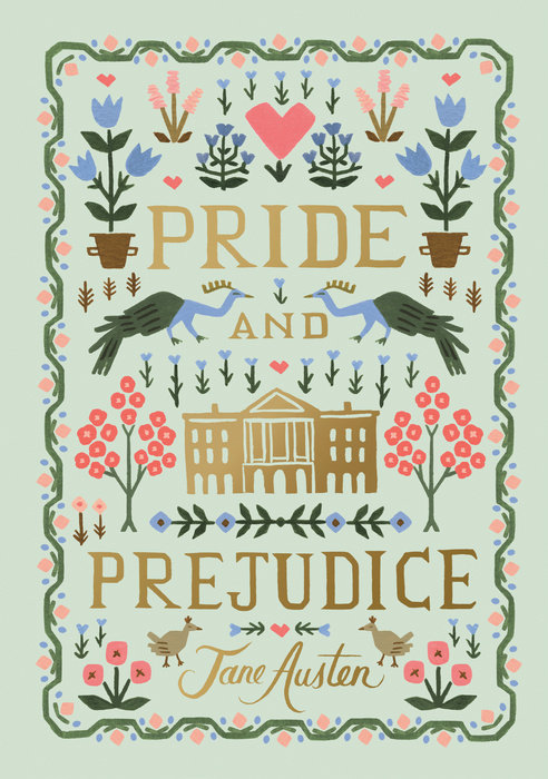Folk art style book cover for Pride and Prejudice by Jane Austen with floral and bird illustrations.