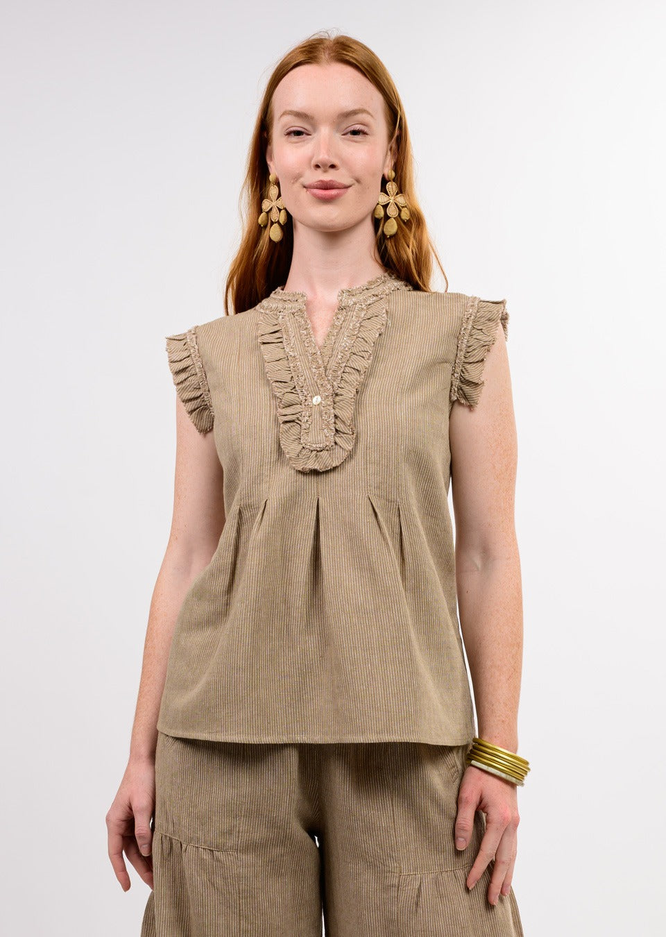 Angela striped ruffle top in cotton linen blend with a relaxed fit.