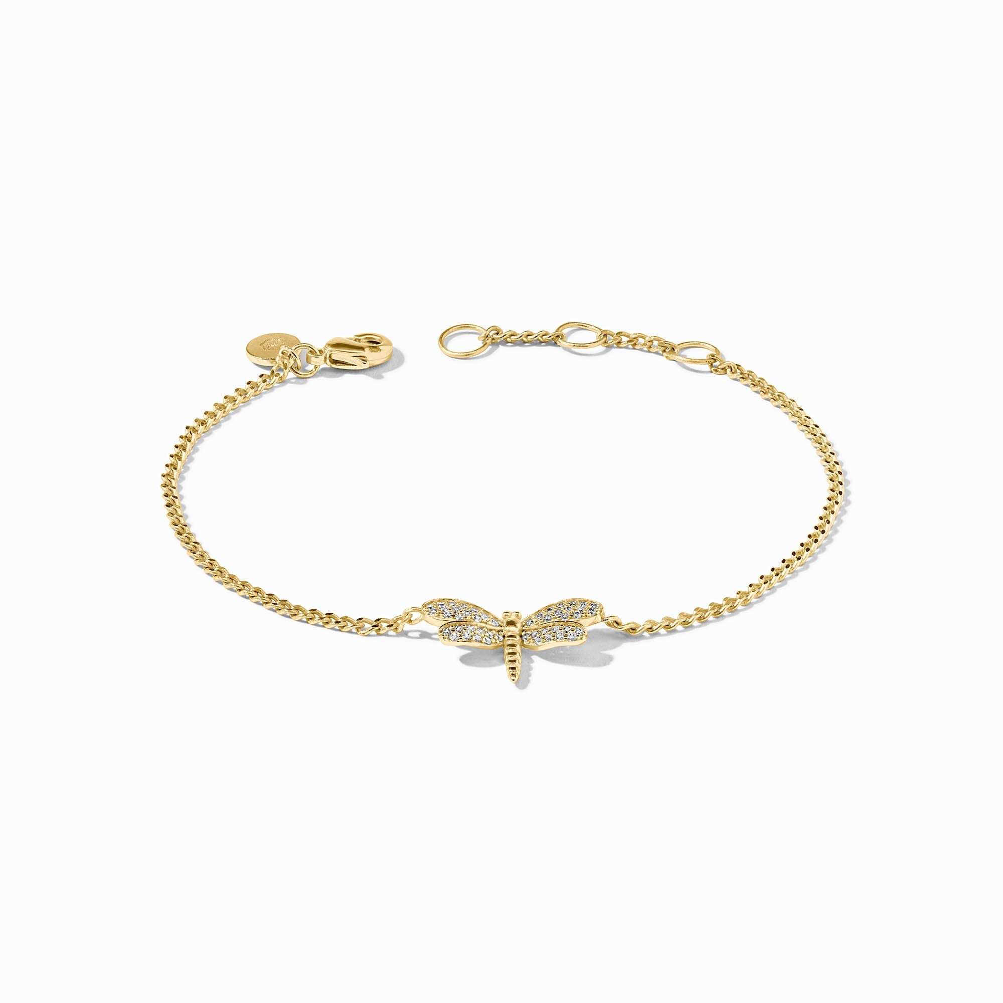Delicate gold-plated dragonfly pave bracelet with cubic zirconia accents on an adjustable chain.