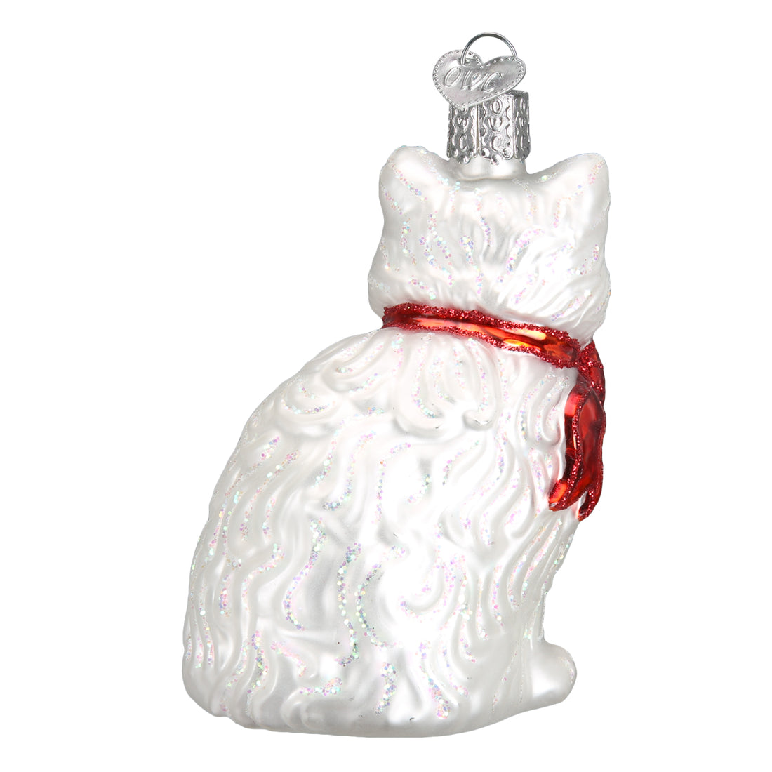 White glittery glass cat ornament with a red ribbon collar and silver heart charm.