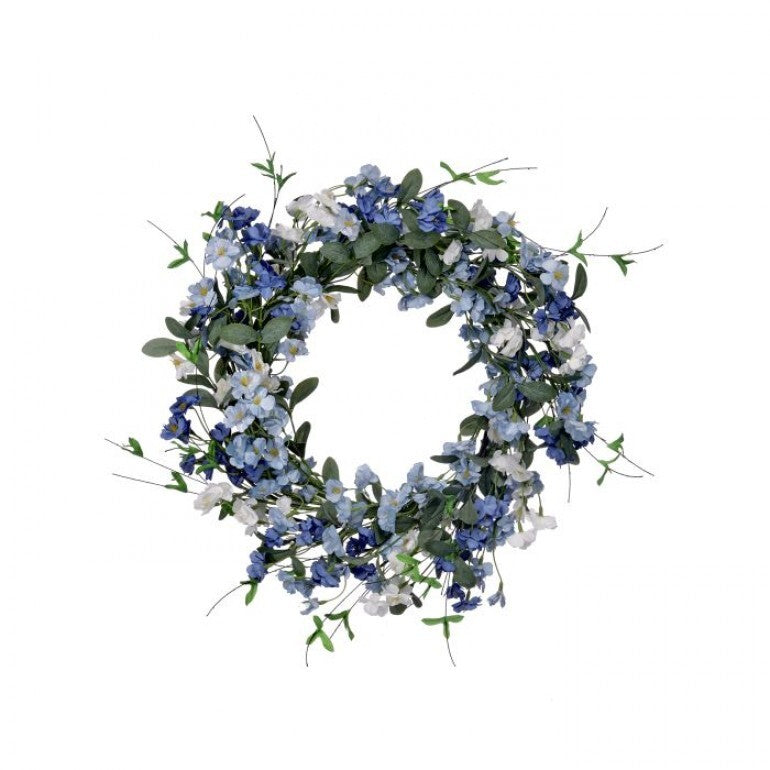 A round wooden wreath with a natural finish featuring small green leaves and pink flower blossoms.