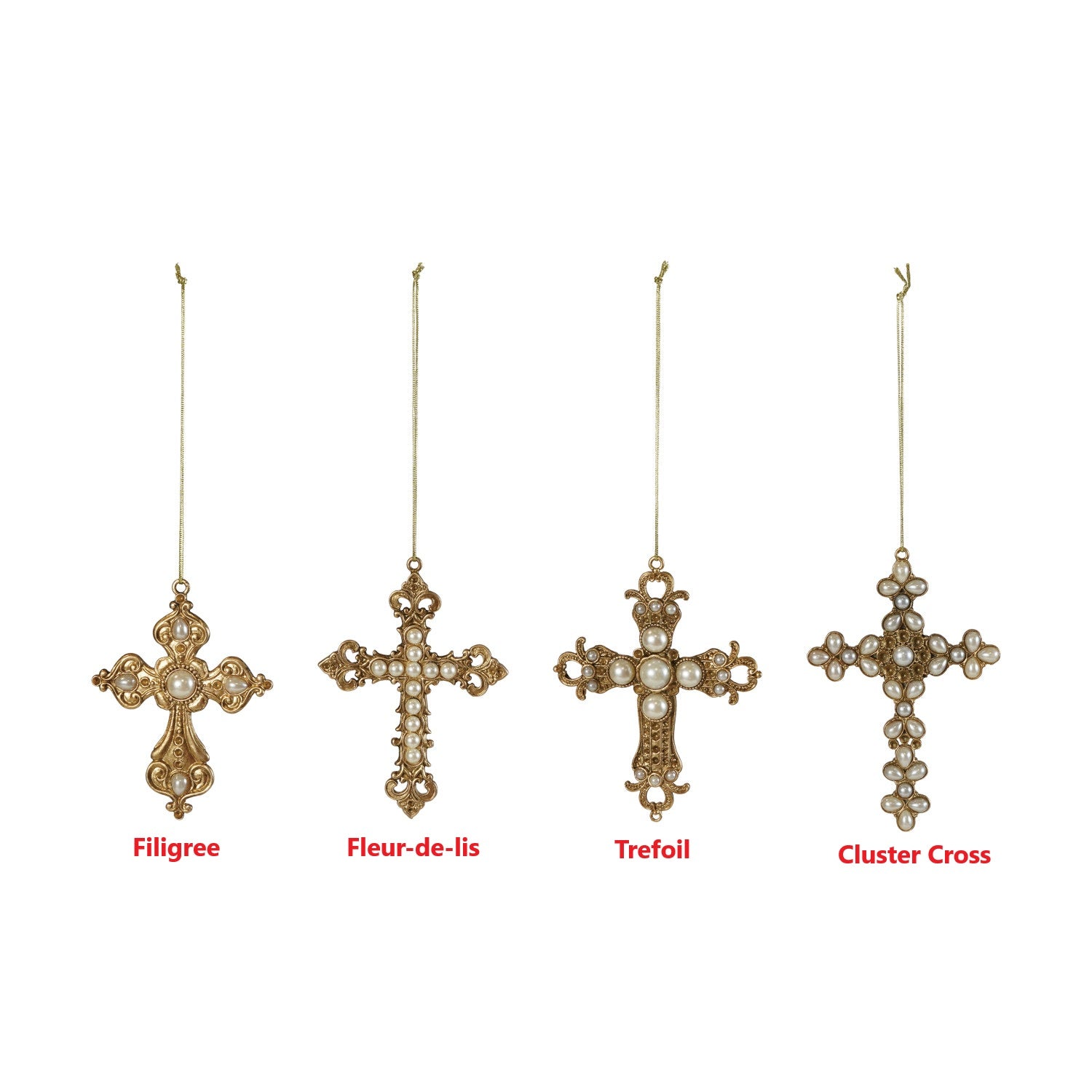 Four styles of gold pewter cross ornaments with faux pearls: Filigree, Fleur-de-lis, Trefoil, Cluster