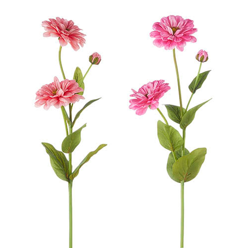 Twenty-five inch pink zinnia spray made of foam and polyester with plastic stems.