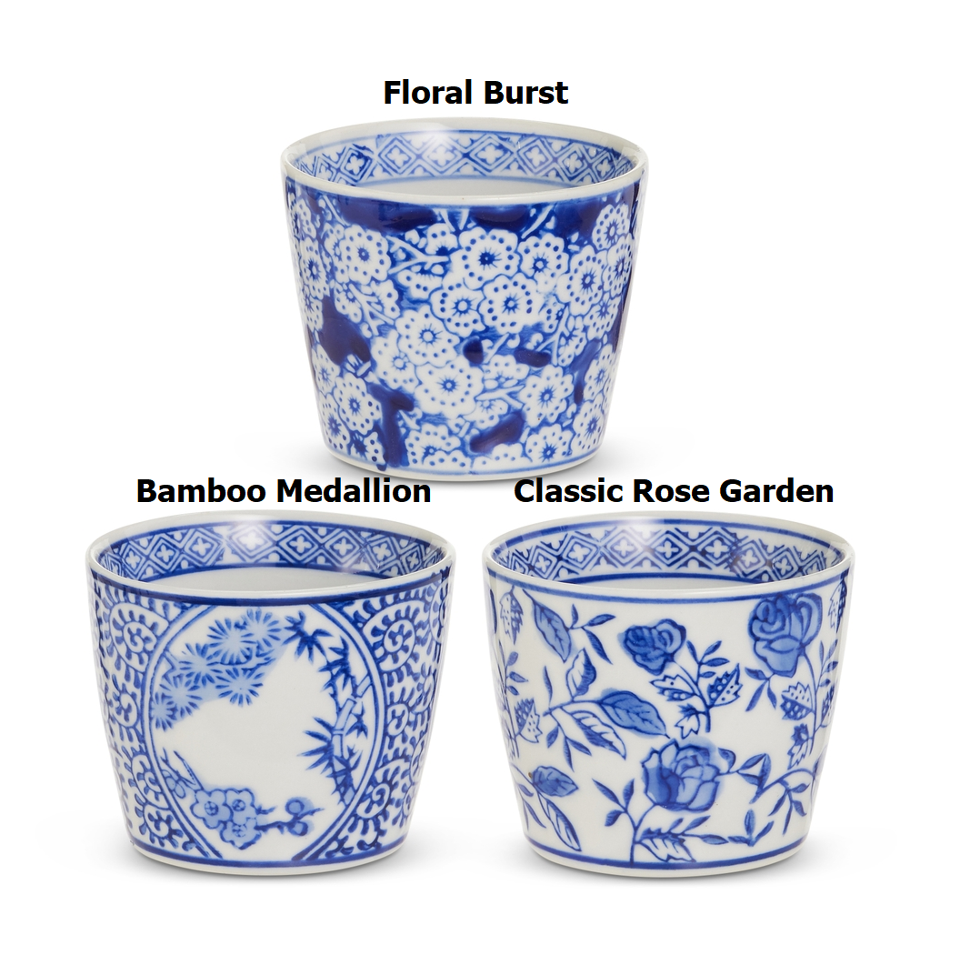 3.5-inch blue clay mini pot with white intricate patterns and smooth finish.