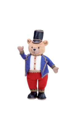 Plush teddy bear nutcracker in a blue jacket, red pants, and black top hat.