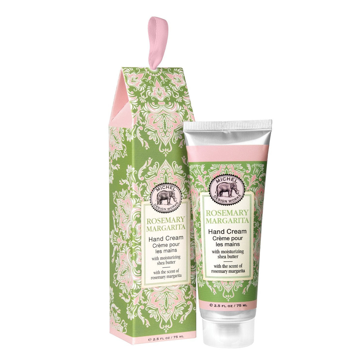 Michel Design Works Rosemary Margarita hand cream tube and matching box with green floral pattern.