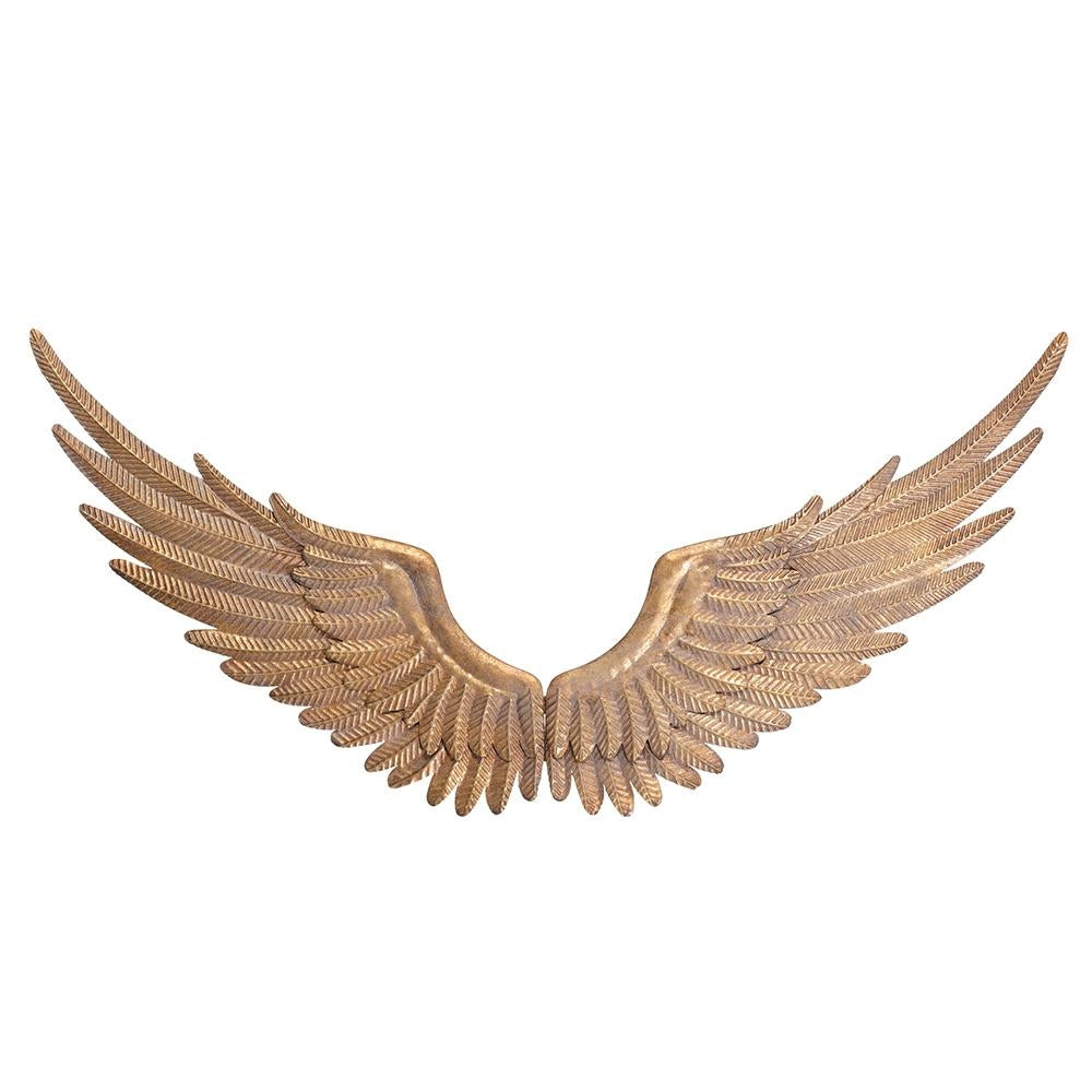 Antique gold iron angel wing wall decor with detailed feather texture.