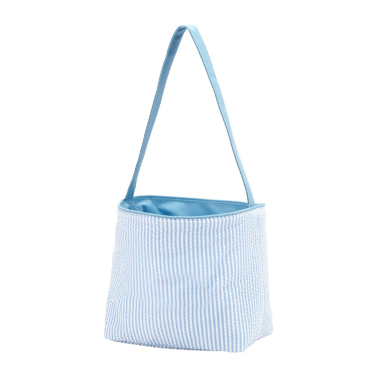 Seersucker bucket bag in natural fabric with polyester lining and easy-to-carry handle