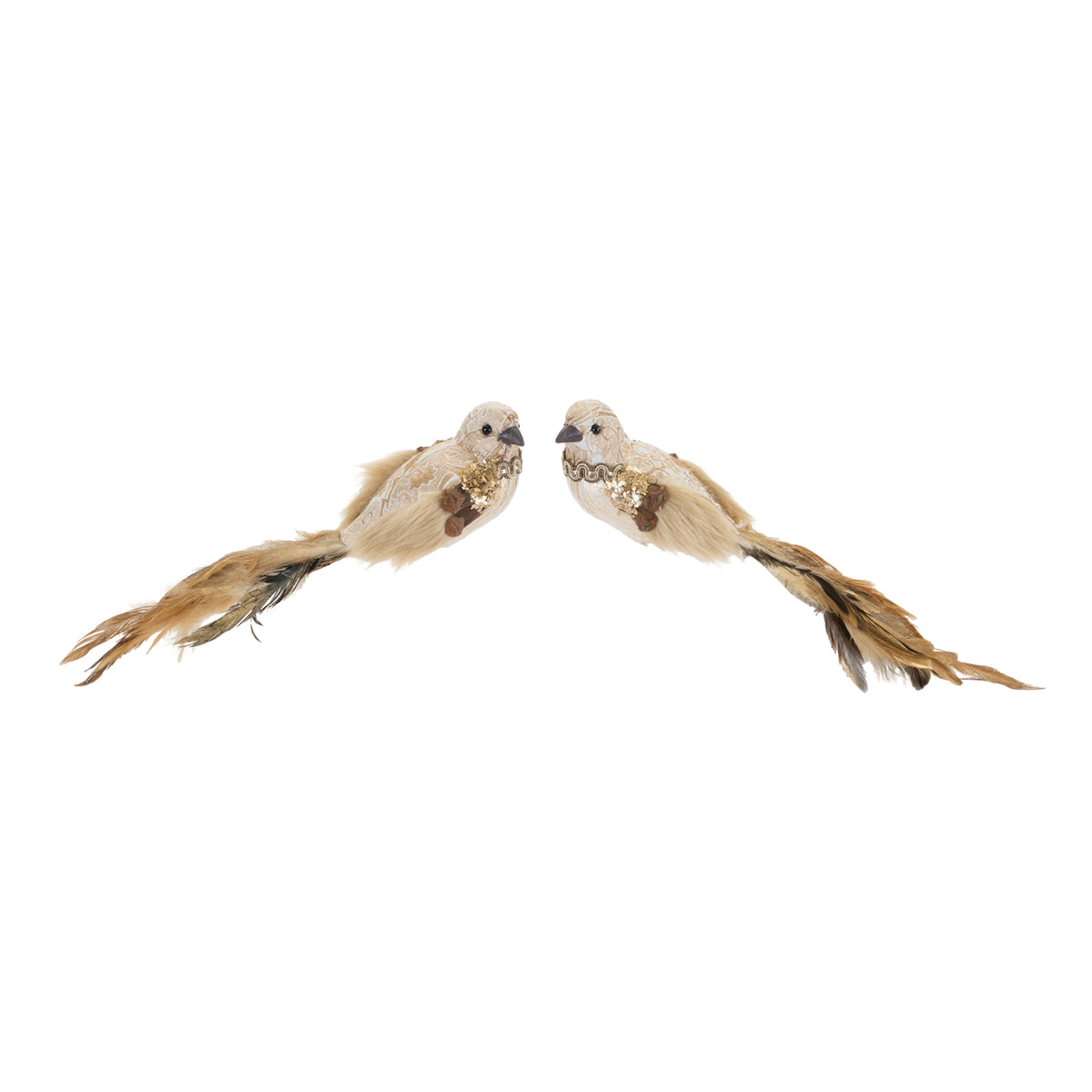 Two fancy decorative birds with long feather tails and fabric bodies, sold individually.