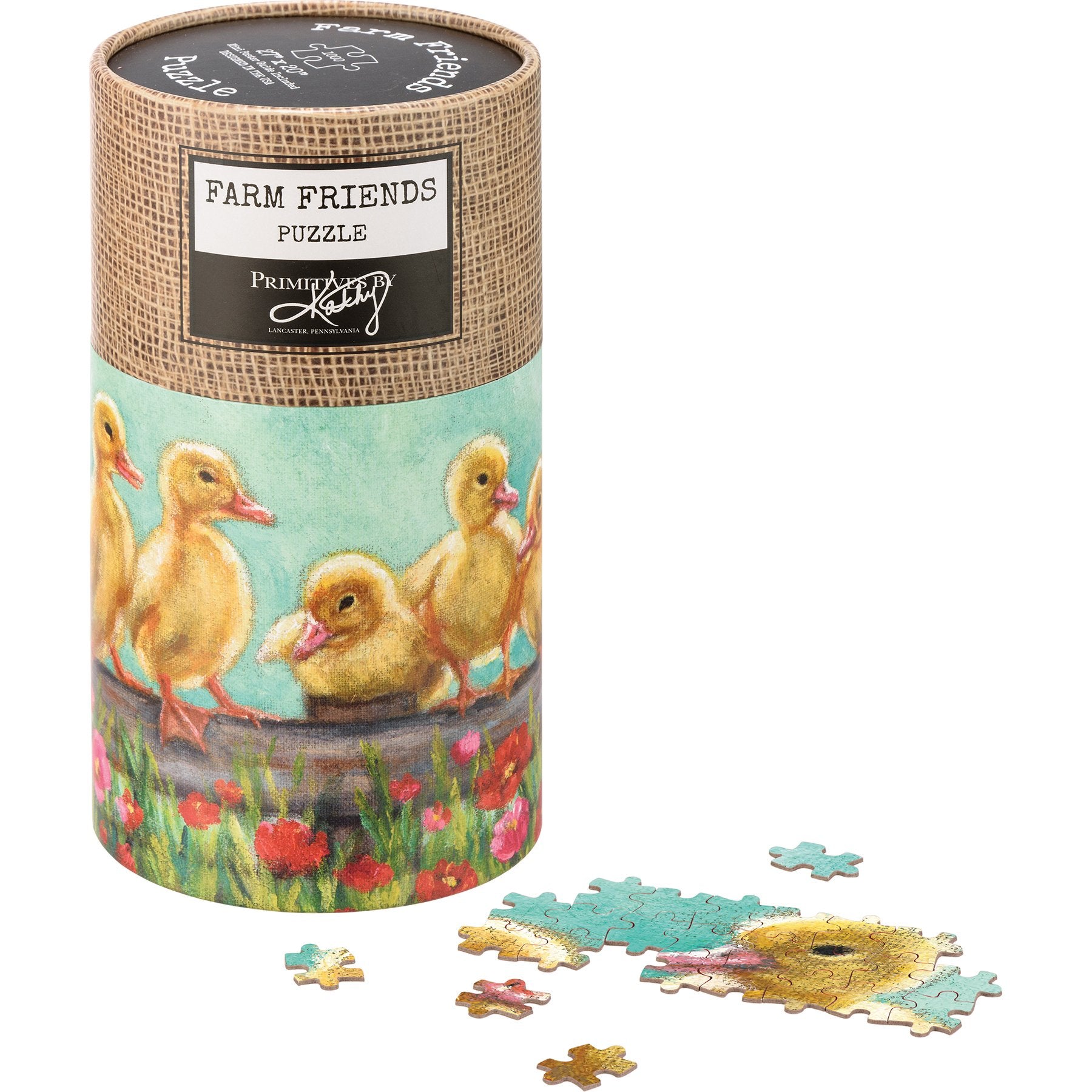 Ducklings Puzzle featuring a colorful duckling illustration on paper with dimensions of 27 inches by 20 inches.