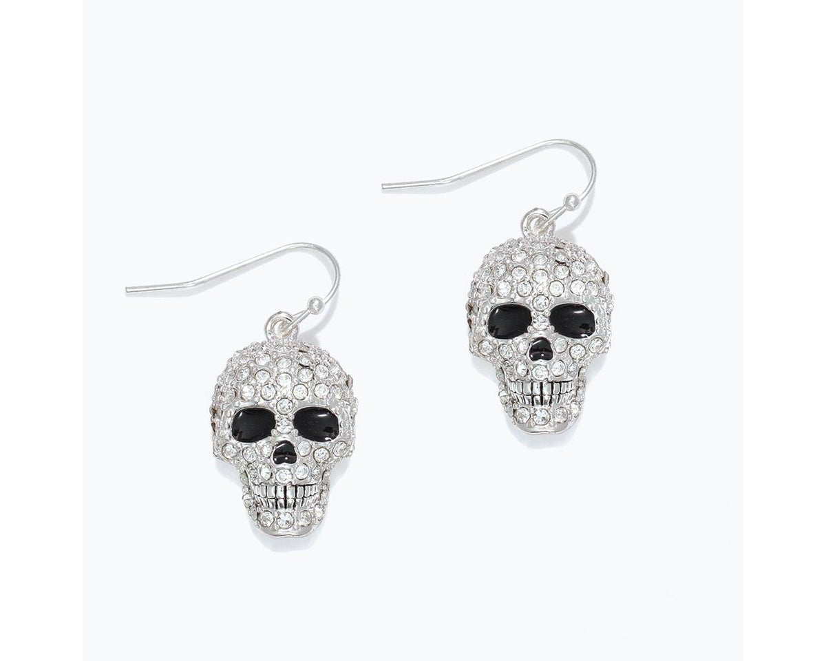 Sparkling crystal studded black 3D skull earrings with a detailed silhouette.