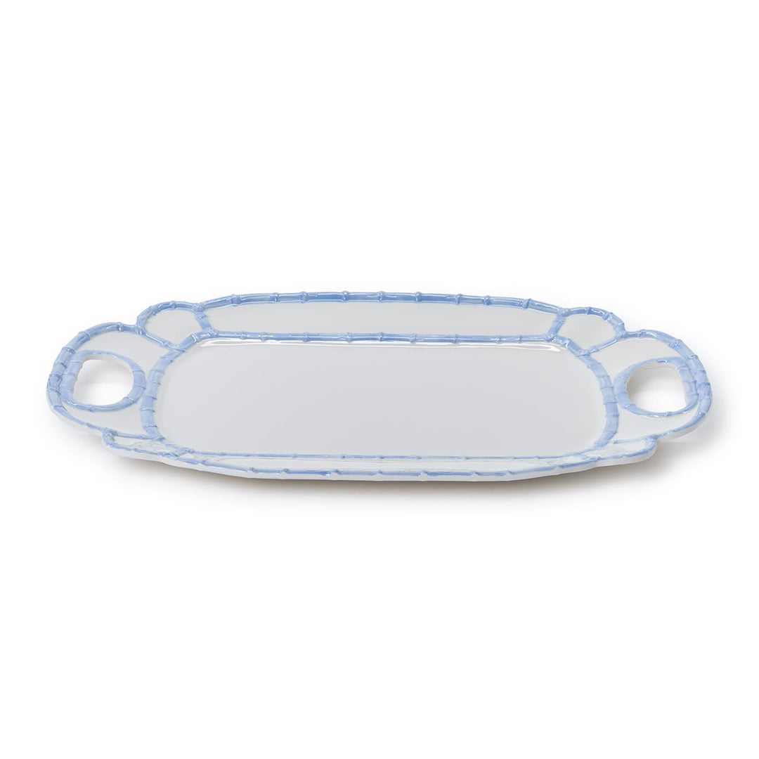 White melamine platter with a light blue bamboo-style rim and integrated side handles.