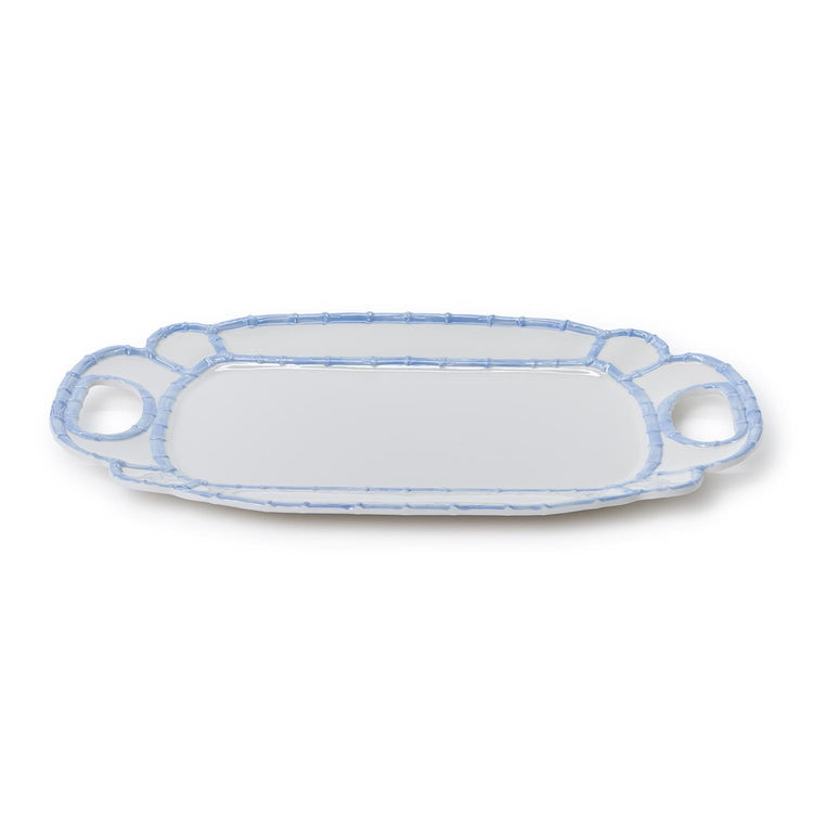 White melamine platter with a light blue bamboo-style rim and integrated side handles.