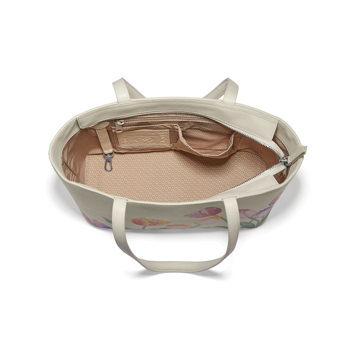 Top view of the La Tulipe Loverly Tote showing the patterned interior, zip pocket, and key clip.