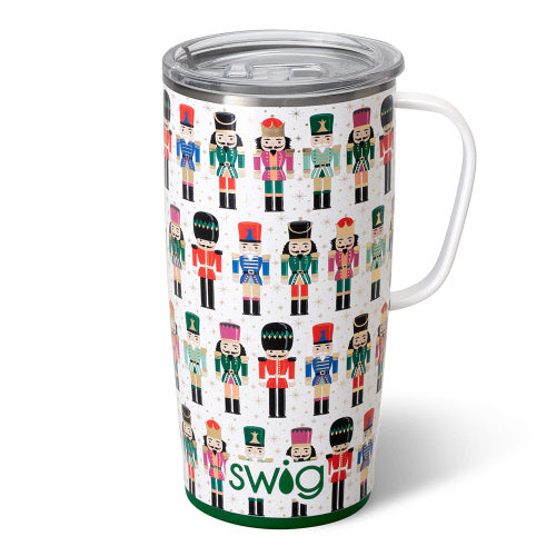 Black 22oz travel mug with metal handle, vacuum-sealed double walls, and silicone base.