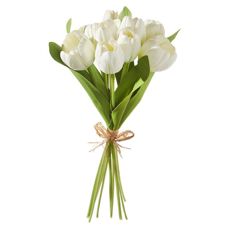 Bundle of nine white foam tulip decorations with polyester petals measuring fifteen inches long.
