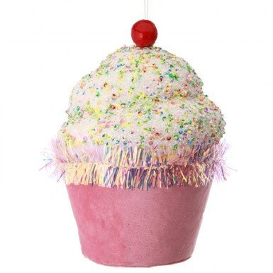 7 inch sprinkle tinsel cupcake ornament with pink base, white frosting, and a red cherry on top.