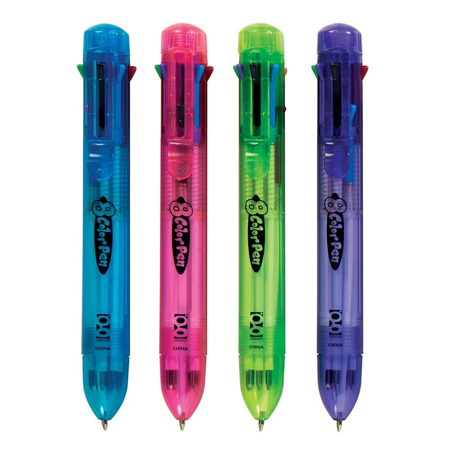 Eight-color pen with a black barrel featuring eight distinct ink colors visible through the transparent cap.